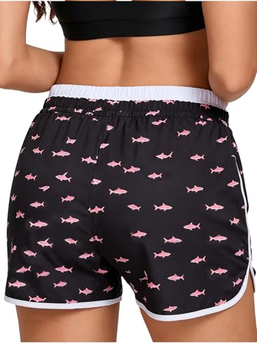 Pink Shark Large Women Board Shorts with Liner Swim Trunks - Bathing Suit Bottoms