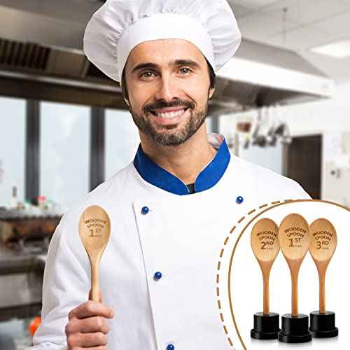 Highergo 3 Pieces Golden Spoon Award Trophies Set Chili Cook Off Wood Spoon Prizes Wooden Laser Engraved with Wooden Trophy Base Cooking Baking Gifts for Bake Off Chili