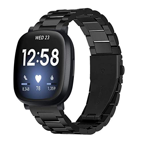 Black Stainless Steel Watch Band Compatible with Fitbit Versa 4 Sense 2 Versa 3 Sense - Adjustable Metal Wristband for Men Women