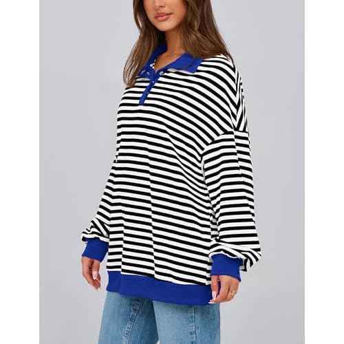PRETTYGARDEN Women's Oversized Striped Sweatshirts Spring Fall Trendy Casual Long Sleeve Button Up Tops Shirt Preppy Clothes