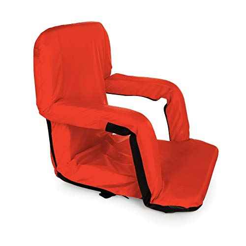 Camco Portable Stadium Seat - Steel Frame w/Padded Cushion Seat, Back Support & Armrests - Invertible Armrests for Wider Seat & Non-Skid Bottom - Great for Camping, RVing, Picnics & More - Red (53096)