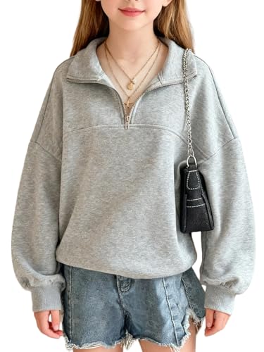 Girls 6-14Y Half Zip Sweatshirt Oversized Cotton Long Sleeve Top - Grey, Size 11-12Y