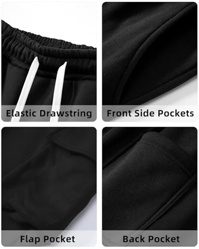 Men's Black Large Fleece Cargo Sweatpants - Cotton Tapered Joggers for Casual & Workout