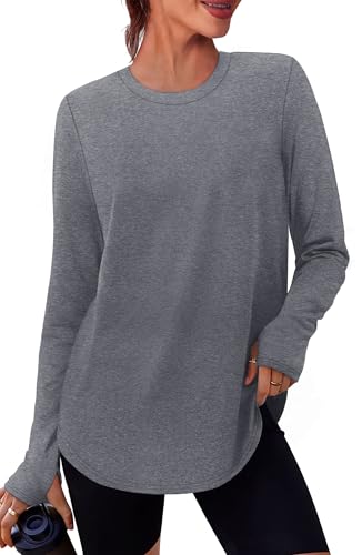 NIASHOT Women's Long Sleeve Workout Top with Thumb Holes - Grey, Large, UPF 50+ Sun Protection