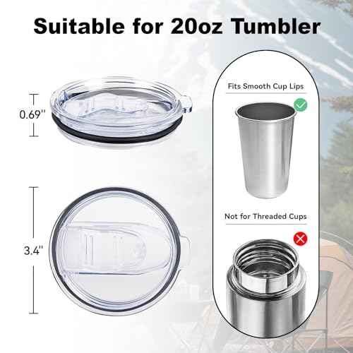 Tumbler Lid Replacement 2 Pack for 20 oz Tumblers - Compatible with Yeti Rambler & More 3.2" Mugs, Spill Proof and Splash Resistant Crystal Clear Sliding Lids, BPA-Free, Straw Friendly