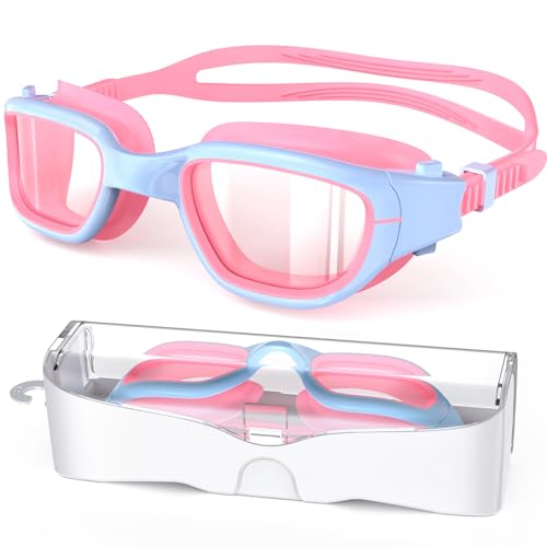 Kids Swim Goggles for 6-14 Years - Pink/Blue Clear Anti-Fog UV Protection