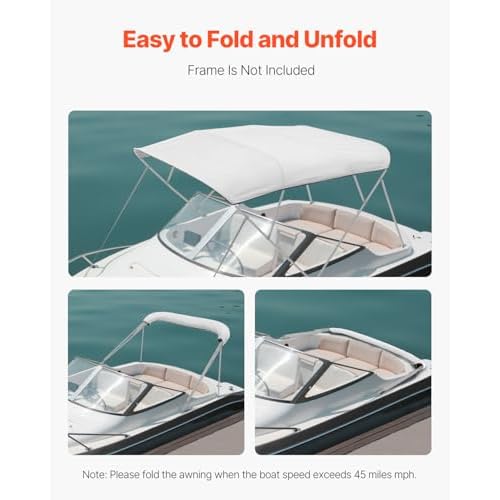 VEVOR Bimini Top Cover Replacement, Fit 4 Bow Boat 600D Polyester Canopy, Waterproof & Sun Protection Boat Awning Canopy with Storage Bag, 96" Lx(91"-96") W, Light Grey (Support Frame Not Included)