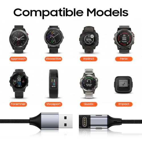 Garmin Watch Charger Cable with USB C Adapter & 90° Flat Connector - Gray, 1.2M