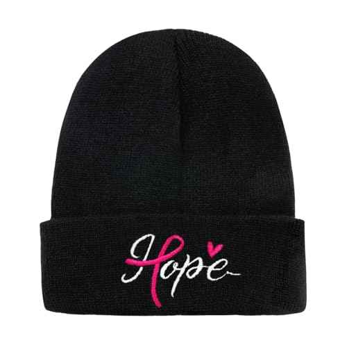 Waldeal Breast Cancer Awareness Beanie Hat for Women, Knit Cuffed Embroidered Pink Ribbon Warm Winter Cap, Black