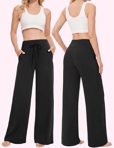 Wide Leg Pants for Women with Pockets High Waist Lounge Pants Medium Black