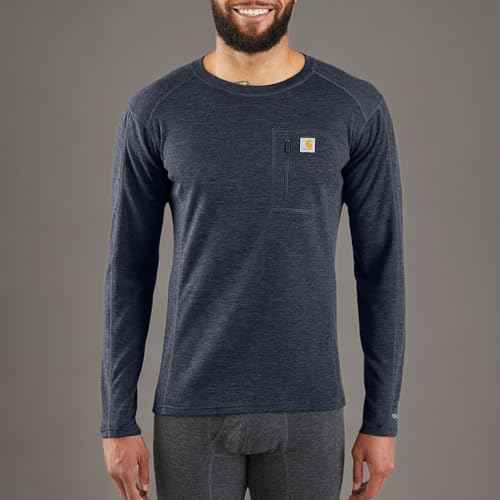 Carhartt Men's Force Midweight Synthetic-Merino Wool Blend Base Layer Crewneck Pocket Top, Navy Heather, Large US