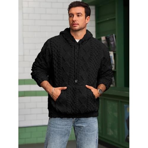 Runcati Mens Fuzzy Sherpa Hoodie Pullover Sweatshirts Long Sleeve Front Pocket Fall Winter Hooded Textured Outwear