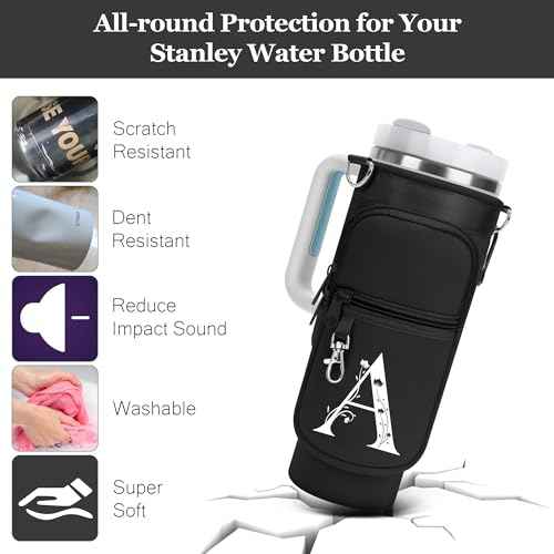 LOKASS Initial Water Bottle Holder with Strap for Stanley Cup 40 oz Tumbler, Personalized A-Z, Water Bottle Carrier Bag with Phone Pocket & Carabiner for Stanley Cup Accessories