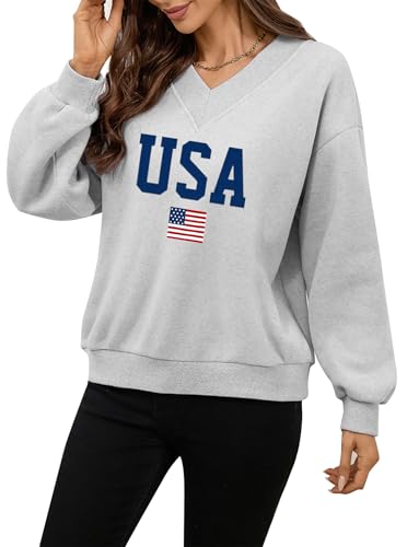 Women’s Grey Large Avanova Graphic V Neck Sweatshirt with Drop Shoulder Long Sleeves