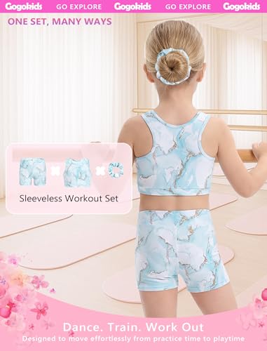 Girls Gymnastics Leotard Set with Crop Top and Shorts - 6-7 Years, Blue Marble