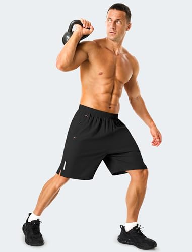 Men's Athletic Running Shorts 7 Inch Quick Dry with Zipper Pockets Large Black+Black