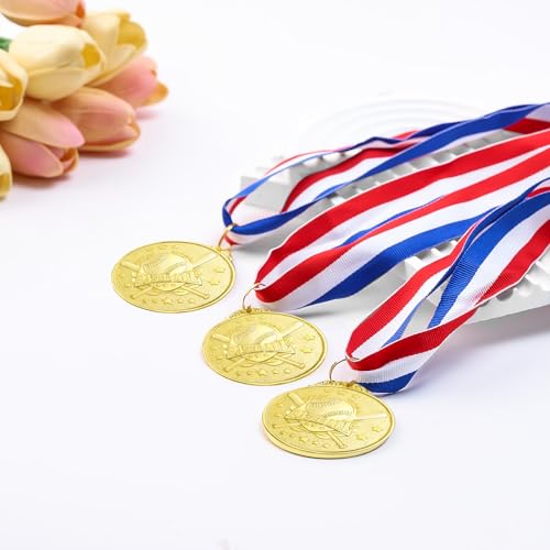 12 Pcs Golden Baseball Medals 2 Inch with Ribbon for Sports Awards Kids