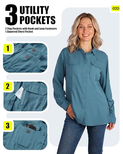 Women's UPF 50+ UV Sun Protection Safari Shirt Large Ocean Blue Quick Dry Outdoor Hiking Travel