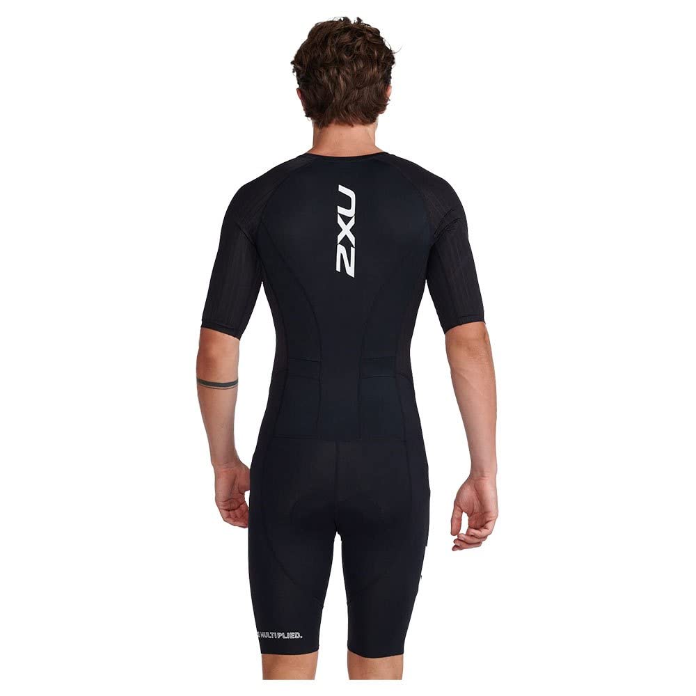 2XU Men's Trisuit Aero Sleeved Front Zip - Performance Triathlon Suit for Muscle Support - Black/White - Size Small