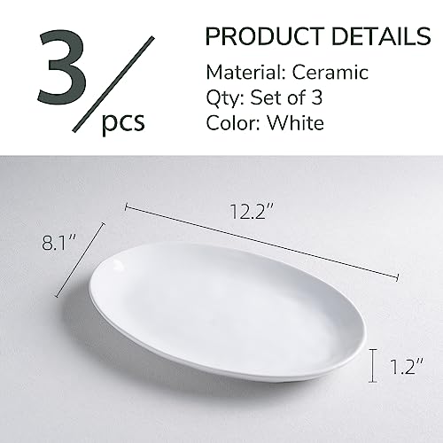 Ceramic Serving Platters Set of 3 - 12 Inch White Dinner Dishes with High Edges
