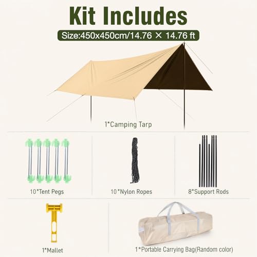 Gold Waterproof Camping Tarp Hammock Rain Fly 14.7x14.7ft with Poles - Multifunctional Tent Shelter