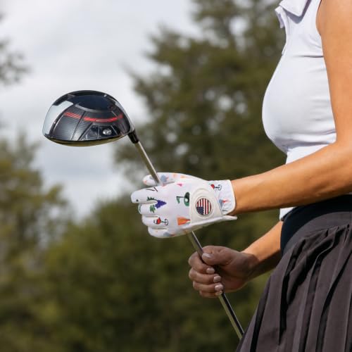 Left Hand Women's Golf Glove with Ball Marker - Wine & Golf Pattern, Medium