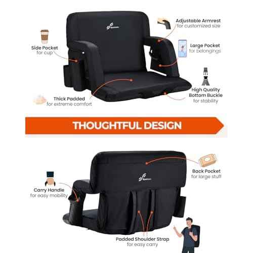 Sportneer Stadium Seats with Back Support: 2.5'' Thick Comfy Cushion 6 Adjustable Angle Bleacher Seat with Armrest - 2 Large Pockets, 2 Cup Holders Stadium Chair for Sport Events Concerts Parks