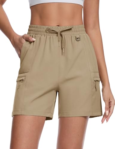 Women's Khaki 5-Inch Hiking Cargo Shorts - Lightweight, UPF 50+ Quick Dry Athletic Summer Shorts with Pockets