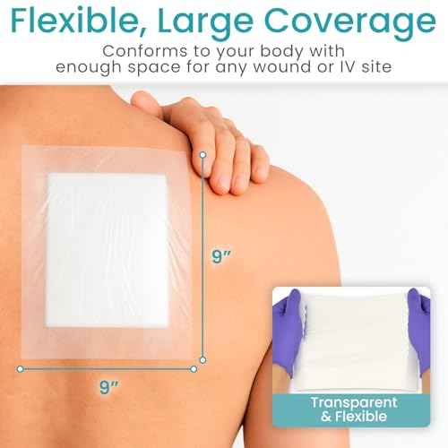 ViveCare Large Transparent Film Dressing - Waterproof Bandages - Clear Wound Cover for Showering, Tattoos - Protector Shower Shield for After Surgery - Post Surgical Patches for Skin (9¡± x 9¡±)