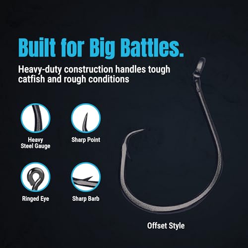 Reaction Tackle Heavy Wire Catfish Hooks 10/0 - High Carbon Steel Saltwater & Freshwater Fishing, 25 Pack