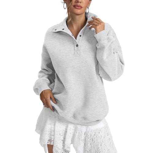 Womens Fleece Sweatshirts Oversized Henley Neck Long Sleeve Button Pullover Tops Trendy Outfits Clothes 2026