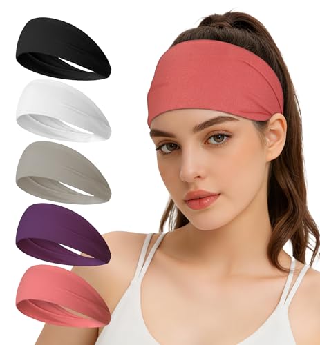 Moisture Wicking Headbands for Men & Women 5-Pack - Black, White, Silver, Purple, Coral