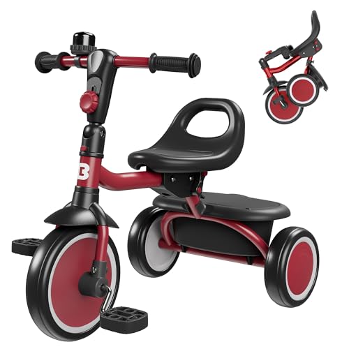 Toddler Tricycle with Bell - 18 Months to 5 Years, Red Kids Bike, Foldable & Safe Ride