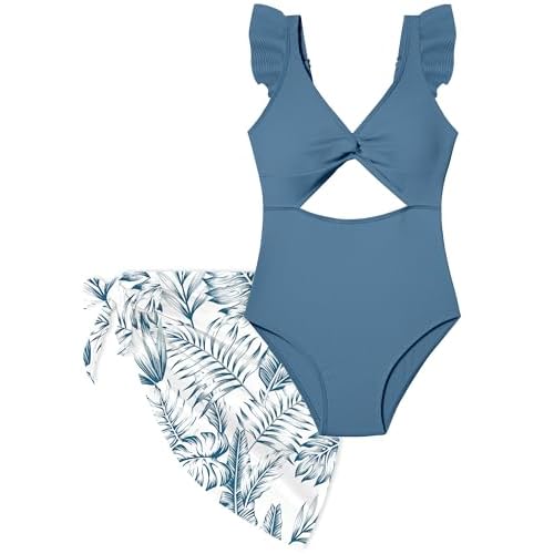 Girls One Piece Swimsuit Cut Out Ruffle Bathing Suit Twist V Neck Swimwear Solid Color with Cover Up Skirt 7-18T