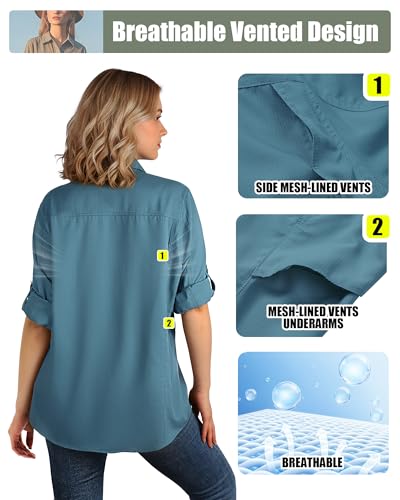 Women's UPF 50+ UV Sun Protection Safari Shirt Large Ocean Blue Quick Dry Outdoor Hiking Travel