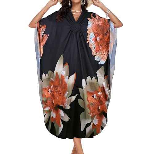 Kaftan Dresses for Women V Neck Caftans Long Batwing Sleeve Beach Cover Ups Summer Floral Print Dress