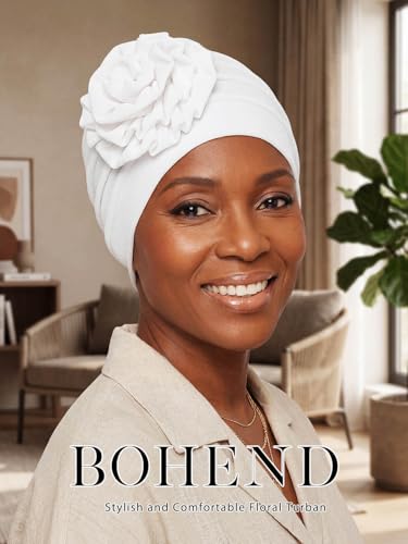 Women Turban Flower Headband Elastic Cap Pre-Tied Scarf Bonnet - Medium White