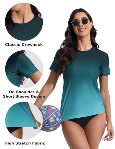 Women's Rash Guard UPF 50+ Short Sleeve Swim Shirt - Medium Black Lake Blue Gradient