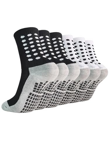 Kids Soccer Grip Socks 10-12 Years Black White 6 Pairs Cushioned Non Slip Athletic Socks for Boys
