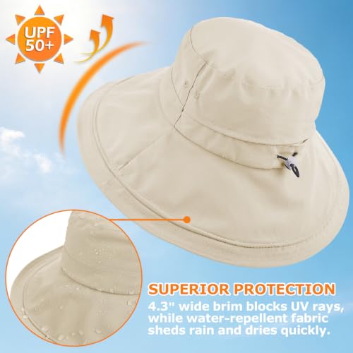 Women's UPF 50+ Waterproof Wide Brim Sun Bucket Hat with Ponytail Hole - Beige