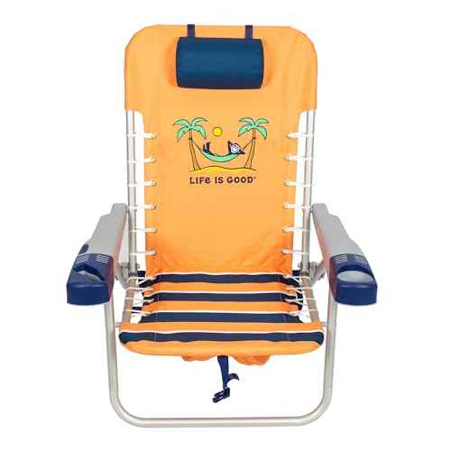 Life is Good 4-Position Lace-up Backpack Beach Chair with Pillow, Cup and Phone Holder, Canyon Orange
