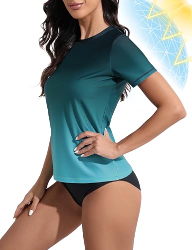 Women's Rash Guard UPF 50+ Short Sleeve Swim Shirt - Medium Black Lake Blue Gradient