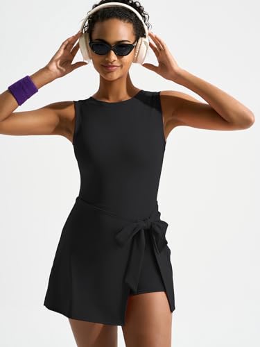 Women's High Neck Tennis Dress with Sleeveless Wrap Skirt and Built-in Shorts - Medium Black