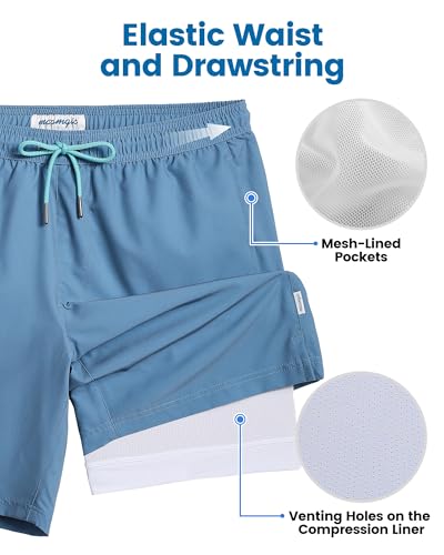 Men's Swim Trunks with Compression Liner 7-Inch Quick Dry Board Shorts - Haze Blue & White Large