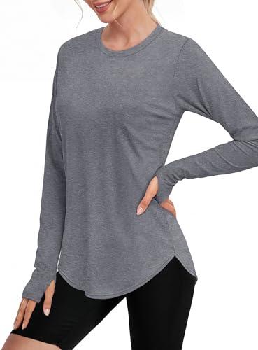 NIASHOT Women's Long Sleeve Workout Top with Thumb Holes - Grey, Large, UPF 50+ Sun Protection