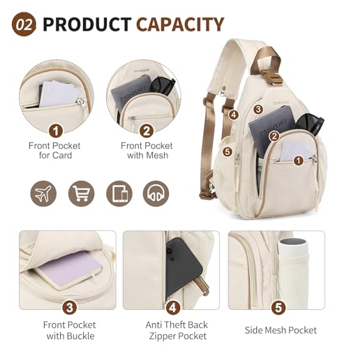 Beige Crossbody Sling Bag with Water Bottle Holder - 8.3 Inch