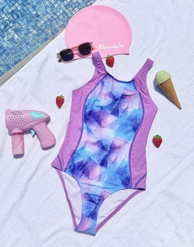 Girls One Piece Swimsuit Athletic Racerback Bathing Suit - Purple, 15-16 Years