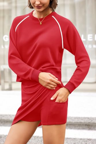 Women's 2 Piece Workout Skort Set - Athletic Tennis Outfits, Crewneck Sweatshirt & Skirt, Medium Red