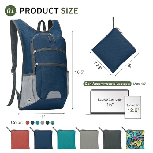 Lightweight Foldable 20L Travel Backpack - Water-Resistant Daypack for Hiking & Commuting, Dark Blue