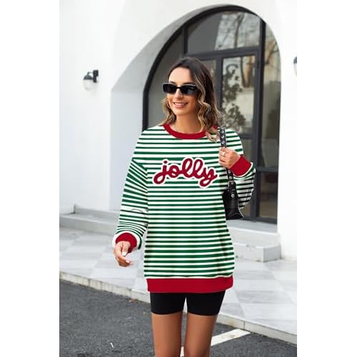 Christmas Sweatshirts For Women Jolly Glitter Patch Crewneck Sweatshirt Xmas Long Sleeve Striped Pullover Top